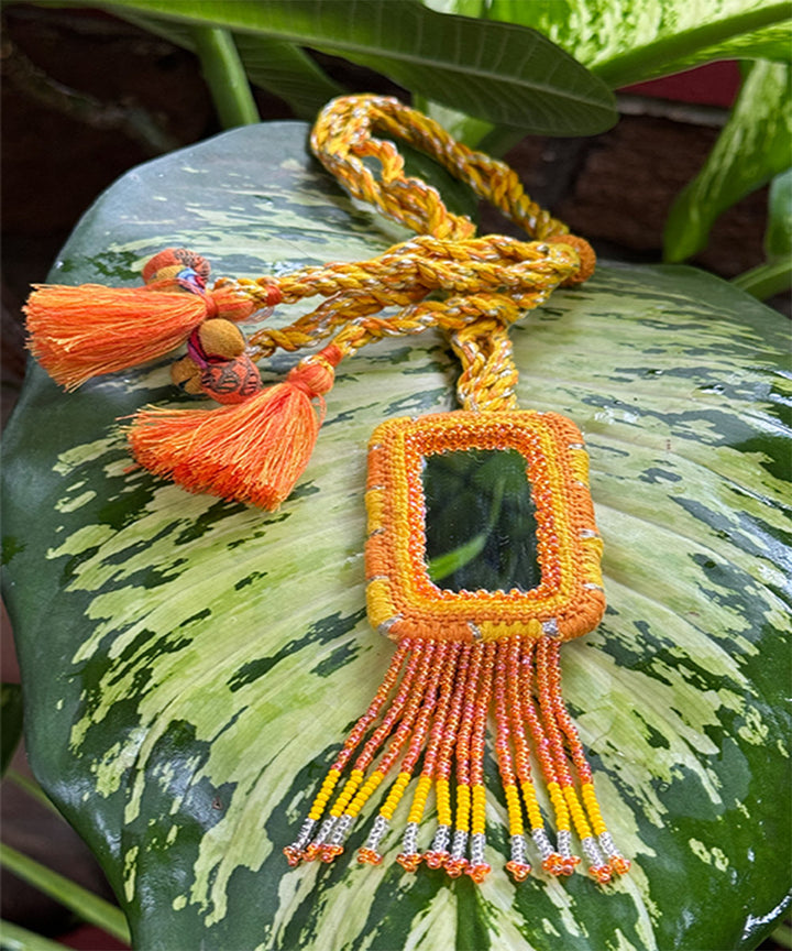 Yellow orange handcrafted patwa mirror bead work necklace