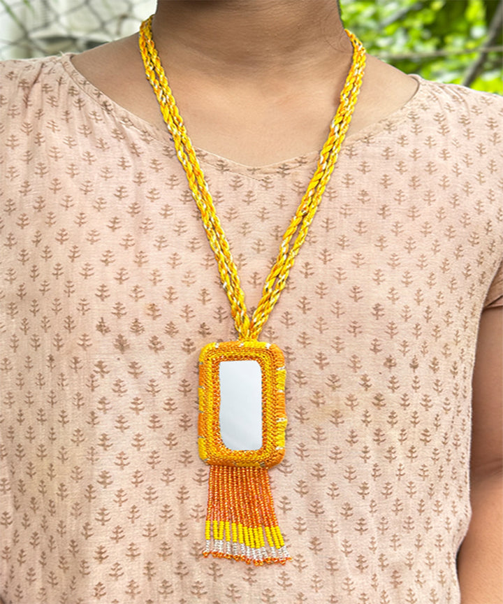 Yellow orange handcrafted patwa mirror bead work necklace