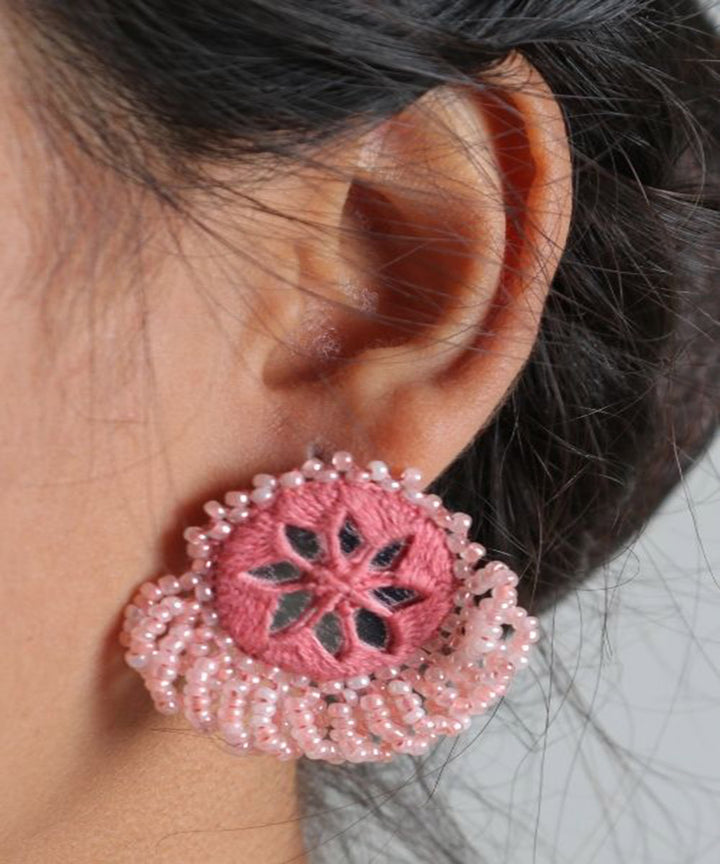 Pink handcrafted mirror bead work earring