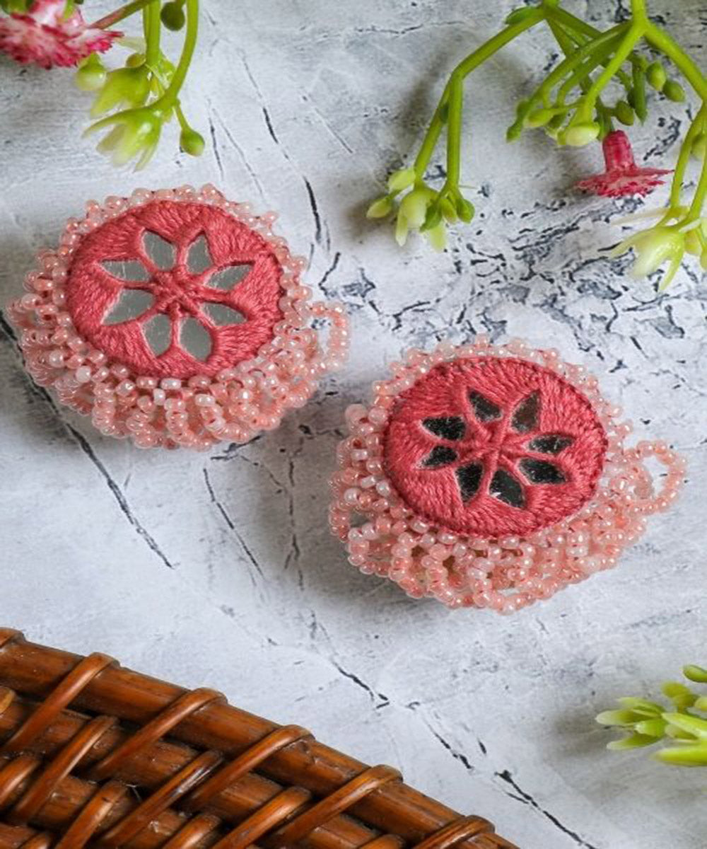 Pink handcrafted mirror bead work earring