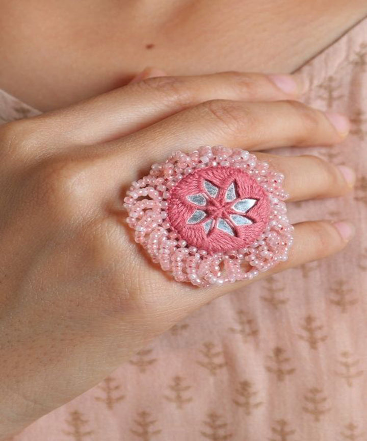 Pink handcrafted mirror bead work ring