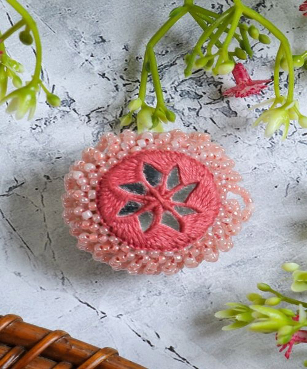 Pink handcrafted mirror bead work ring