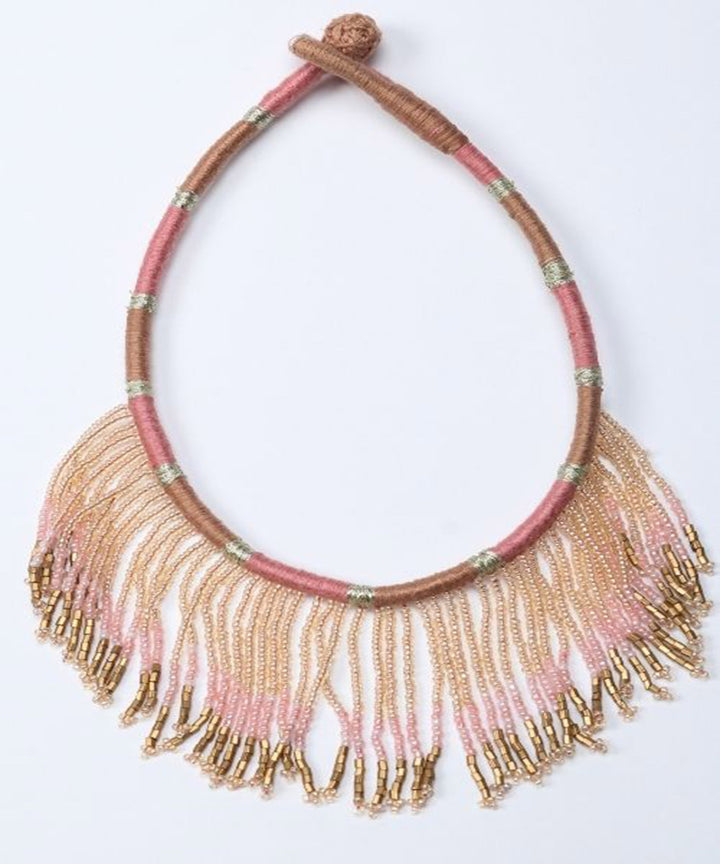 Pink white handcrafted patwa bead work necklace