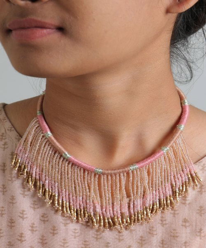 Pink white handcrafted patwa bead work necklace