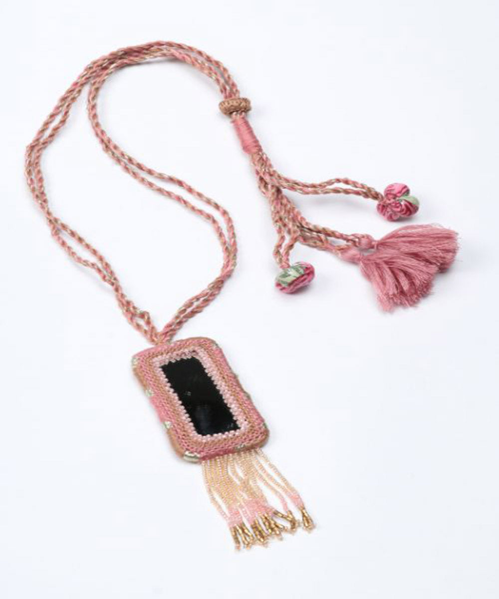 Pink white handcrafted patwa mirror bead work necklace