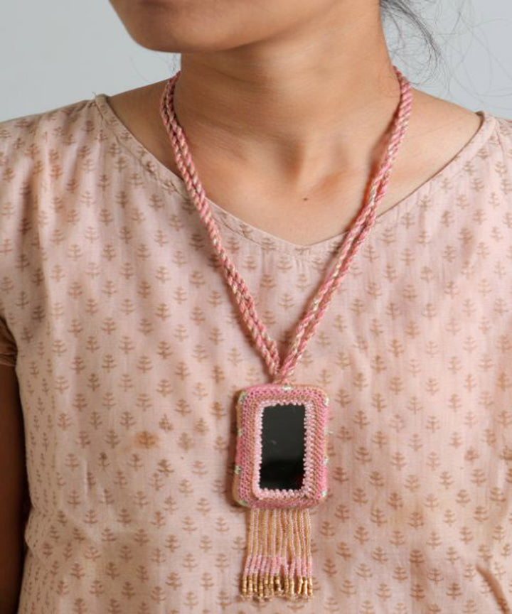 Pink white handcrafted patwa mirror bead work necklace