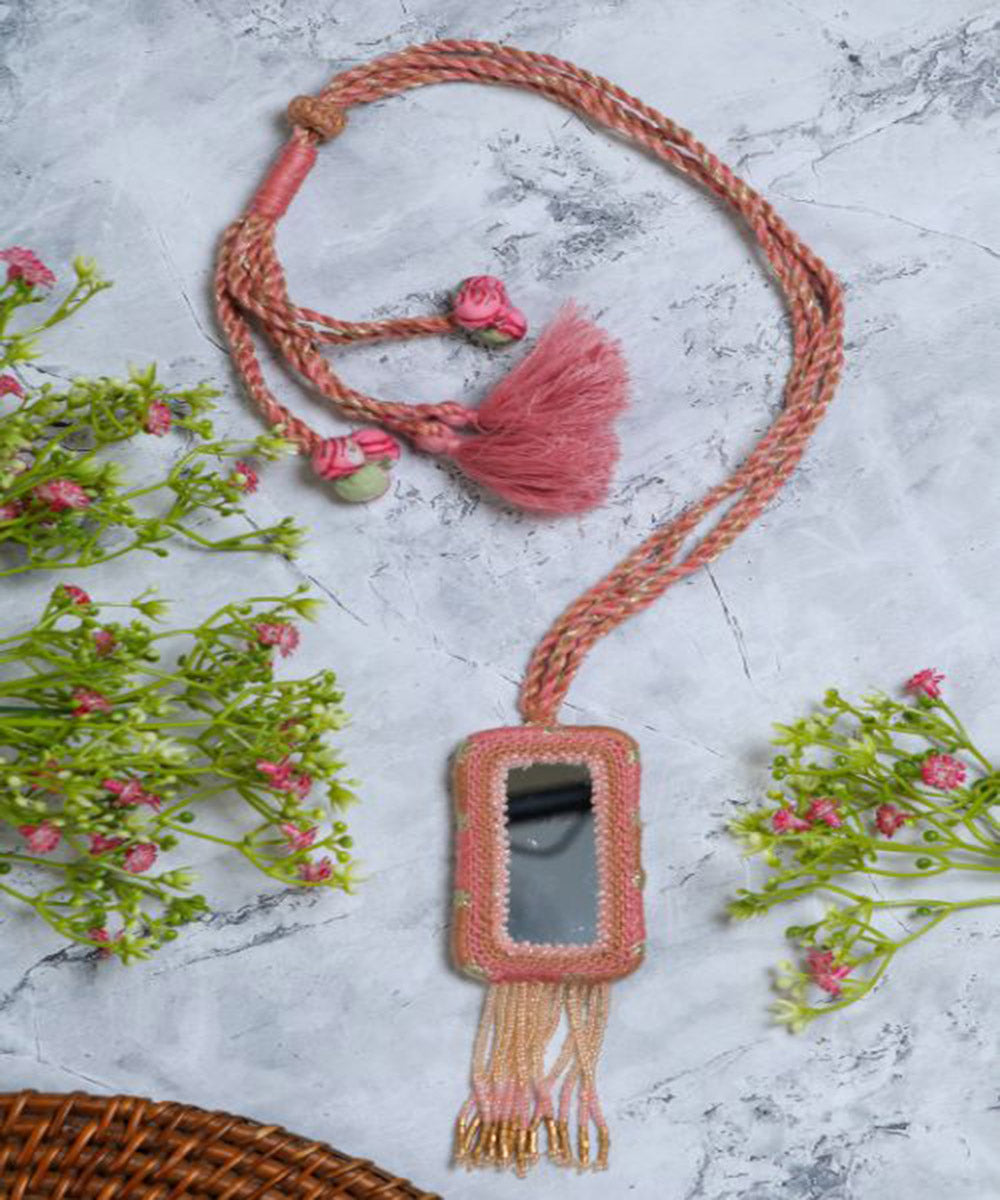 Pink white handcrafted patwa mirror bead work necklace