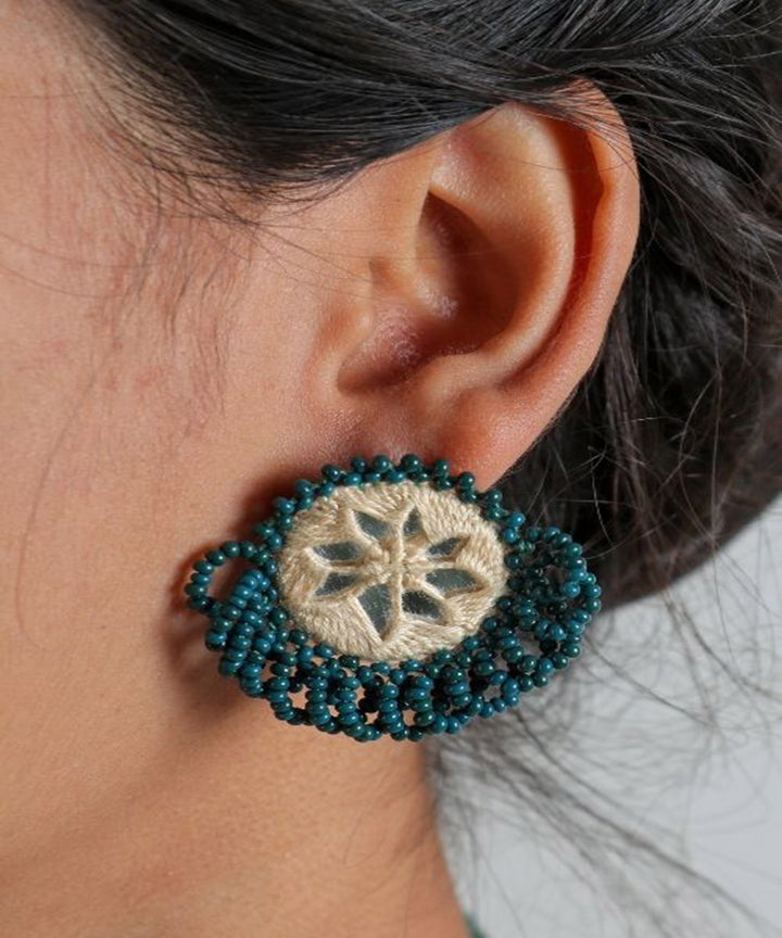 Green cream handcrafted mirror bead work earring