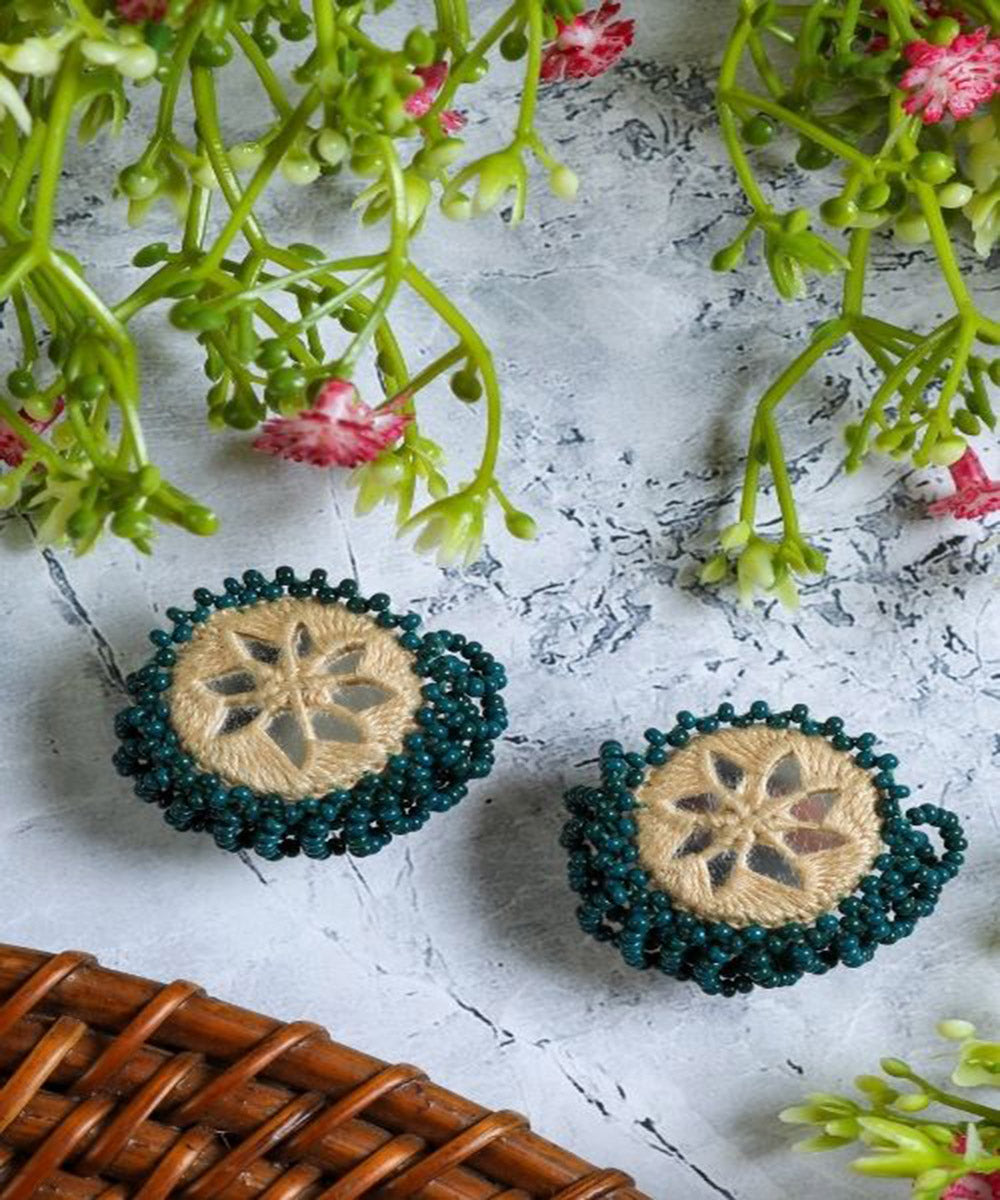 Green cream handcrafted mirror bead work earring