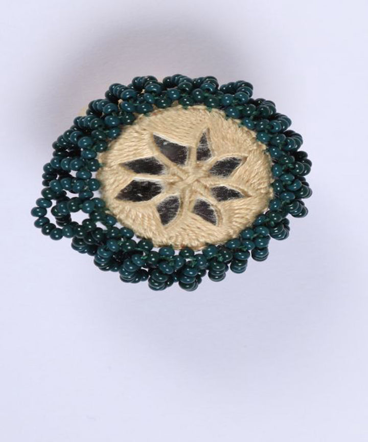 Green cream handcrafted mirror bead work ring