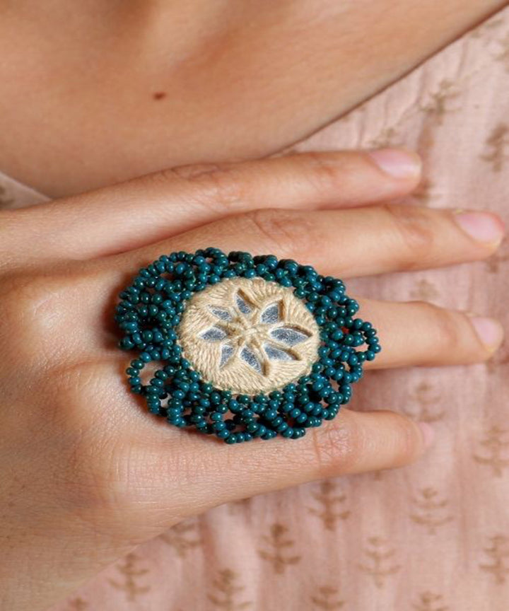 Green cream handcrafted mirror bead work ring