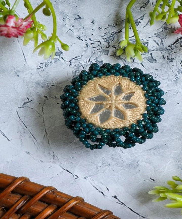 Green cream handcrafted mirror bead work ring