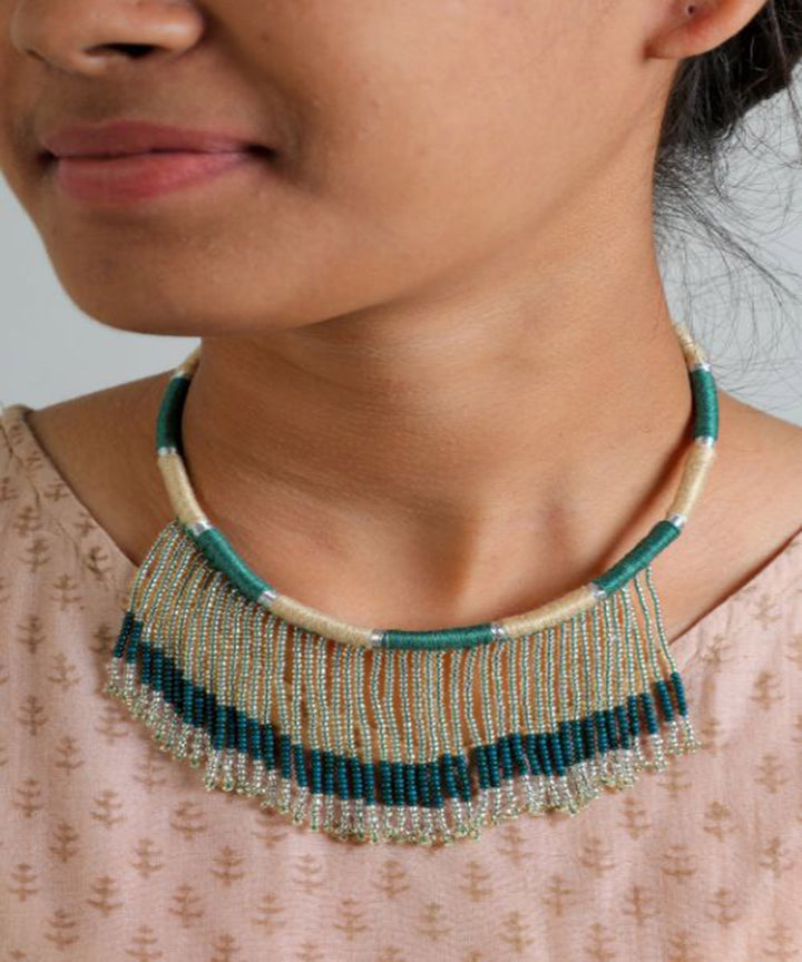 Green cream handcrafted patwa bead work necklace