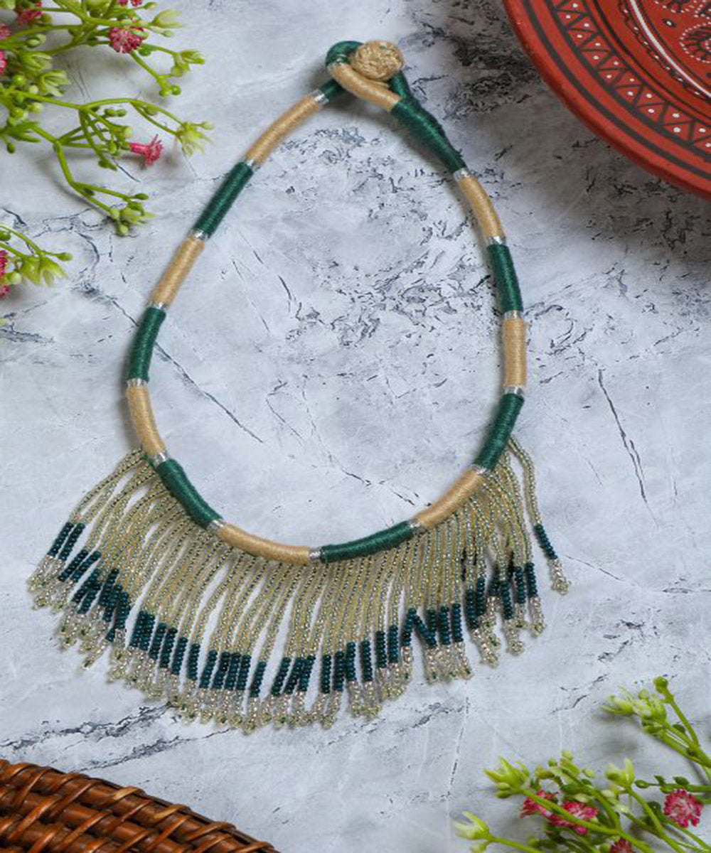 Green cream handcrafted patwa bead work necklace