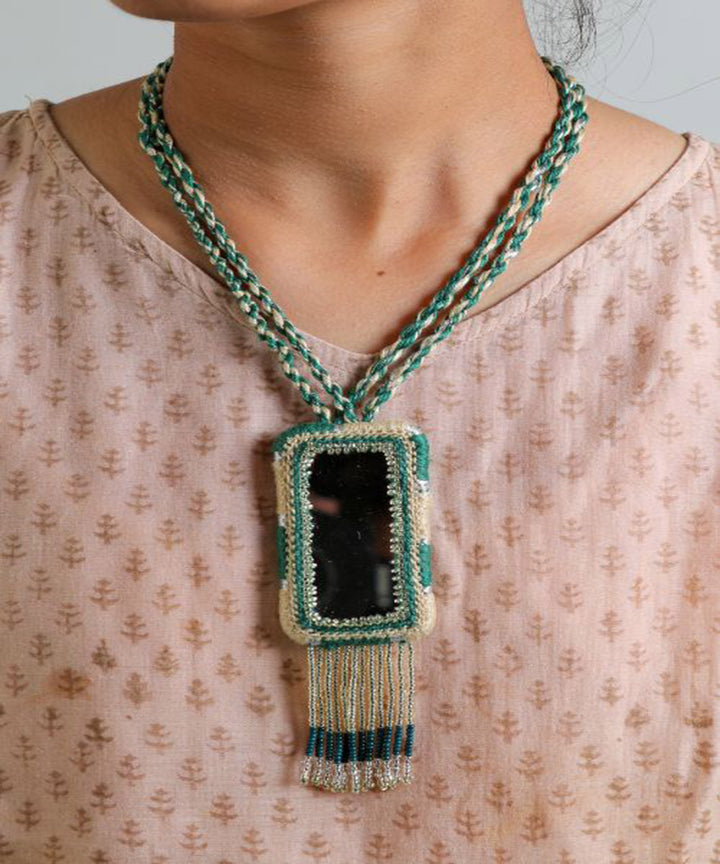 Green cream handcrafted patwa mirror bead work necklace