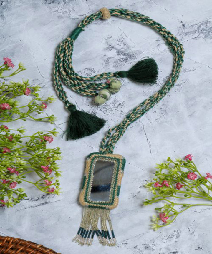 Green cream handcrafted patwa mirror bead work necklace