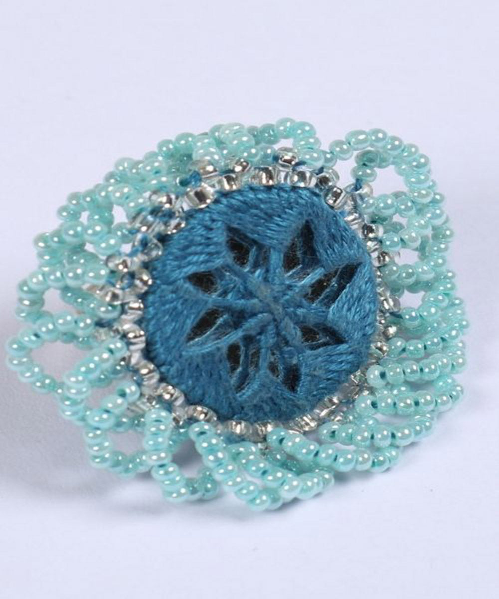 Blue handcrafted mirror bead work ring