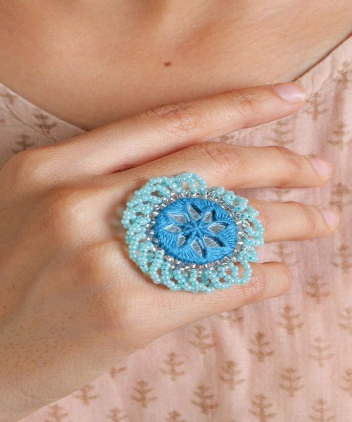 Blue handcrafted mirror bead work ring