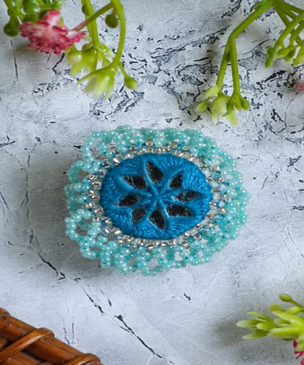 Blue handcrafted mirror bead work ring