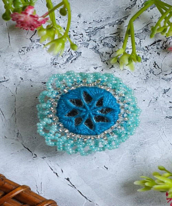 Blue handcrafted mirror bead work ring