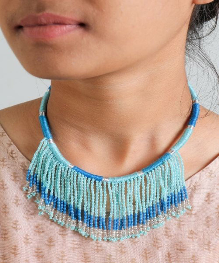 Blue handcrafted patwa bead work necklace