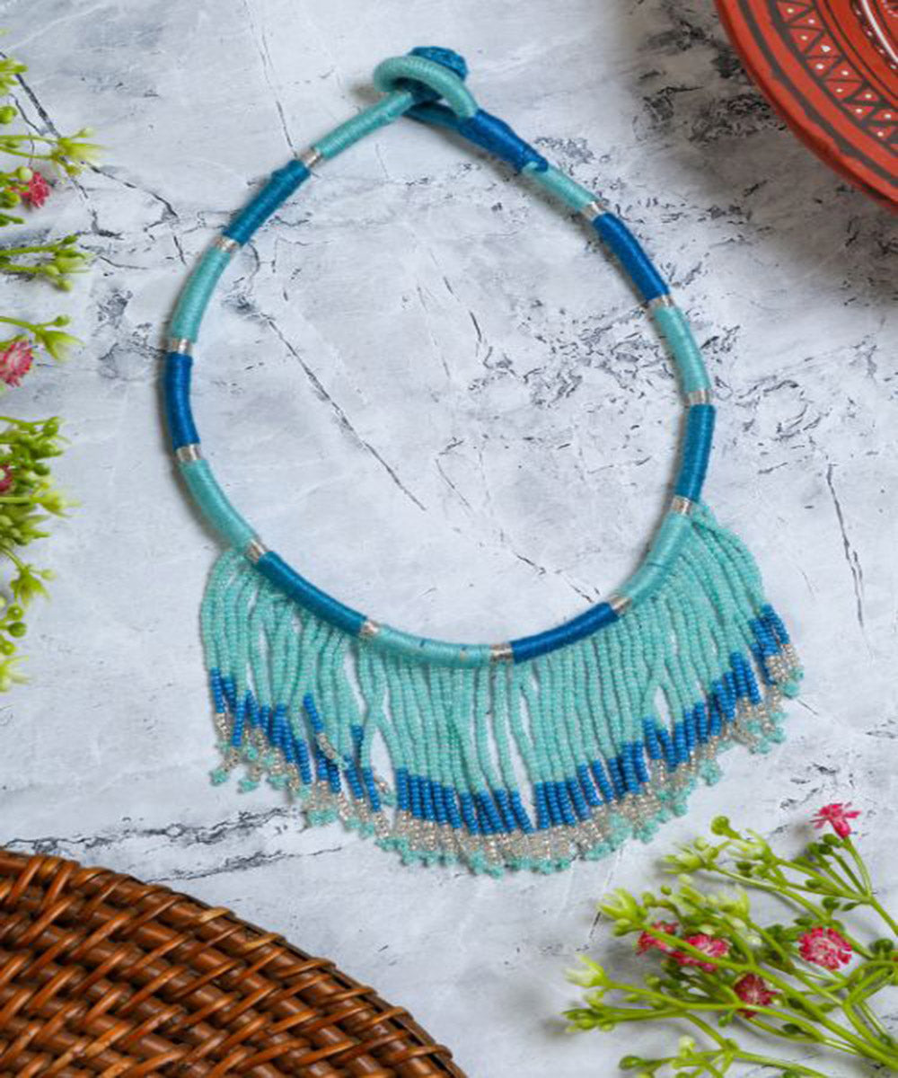 Blue handcrafted patwa bead work necklace