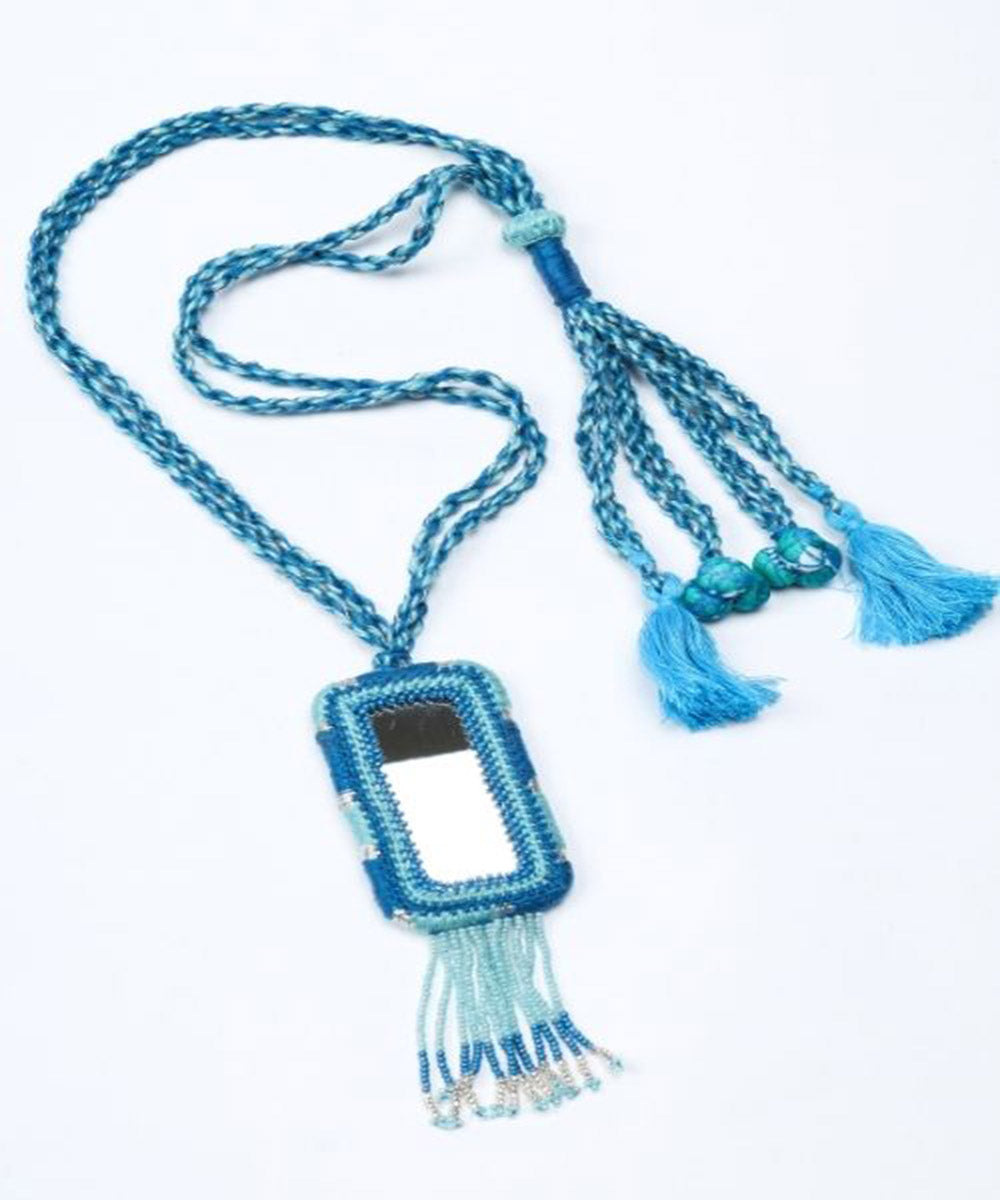 Blue handcrafted patwa mirror bead work necklace