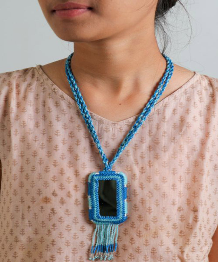 Blue handcrafted patwa mirror bead work necklace