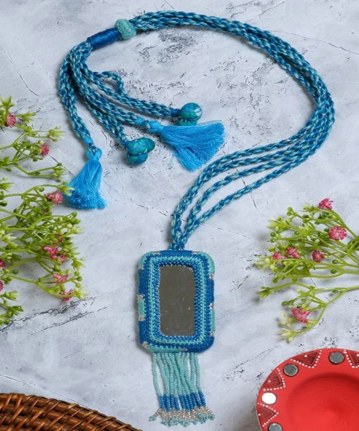 Blue handcrafted patwa mirror bead work necklace