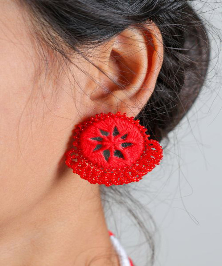 Red handcrafted mirror bead work earring