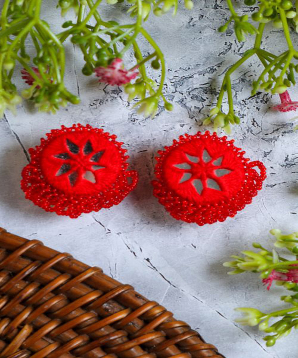 Red handcrafted mirror bead work earring