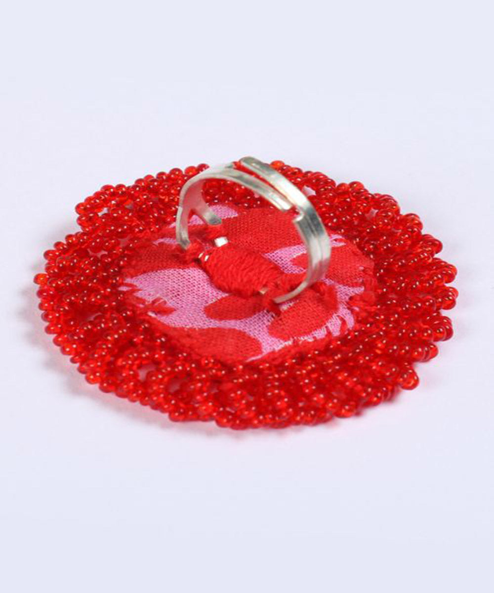 Red handcrafted mirror bead work ring