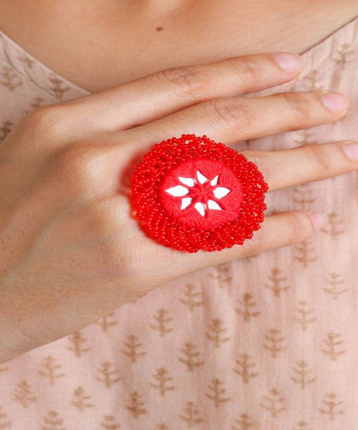 Red handcrafted mirror bead work ring