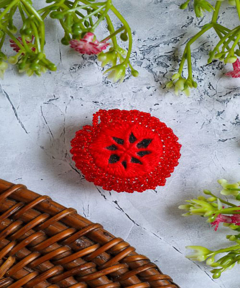 Red handcrafted mirror bead work ring