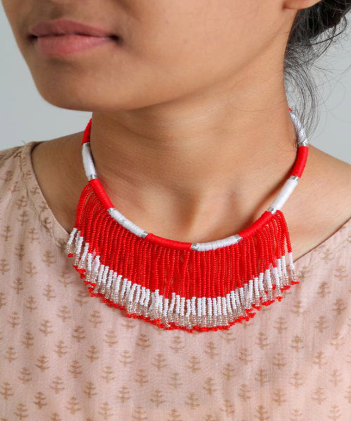 Red handcrafted patwa bead work necklace