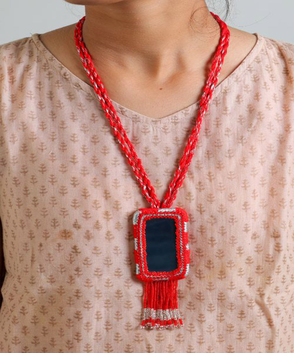 Red handcrafted patwa mirror bead work necklace