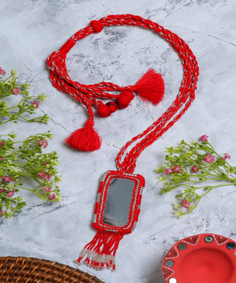 Red handcrafted patwa mirror bead work necklace