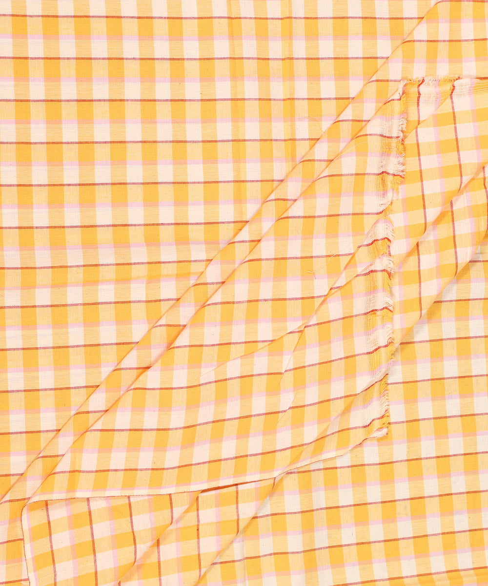 Yellow cream checked handwoven cotton fabric