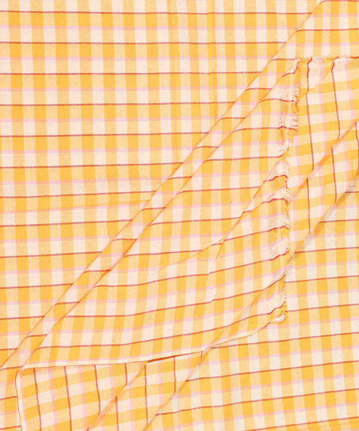 Yellow cream checked handwoven cotton fabric