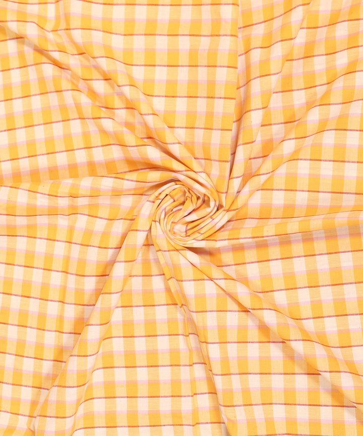 Yellow cream checked handwoven cotton fabric