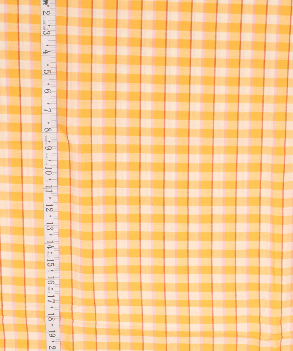 Yellow cream checked handwoven cotton fabric