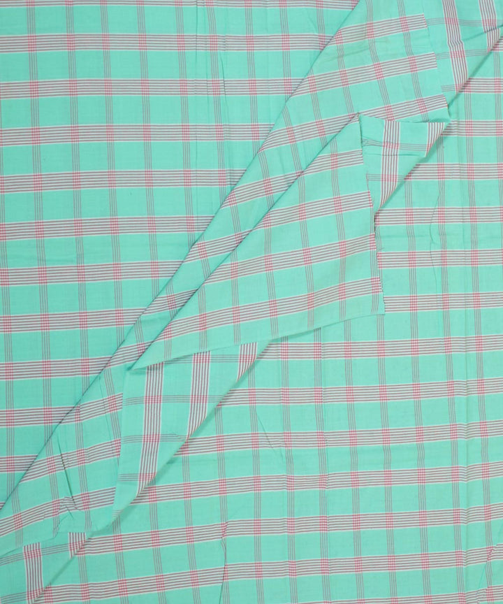 Light green pink checked handwoven cotton fabric
