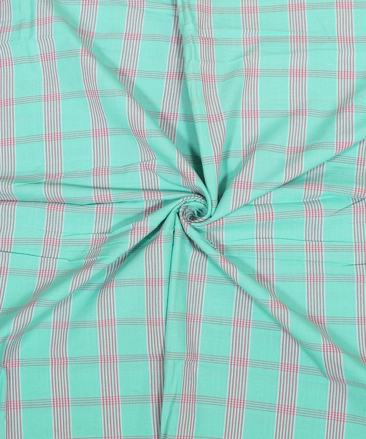 Light green pink checked handwoven cotton fabric