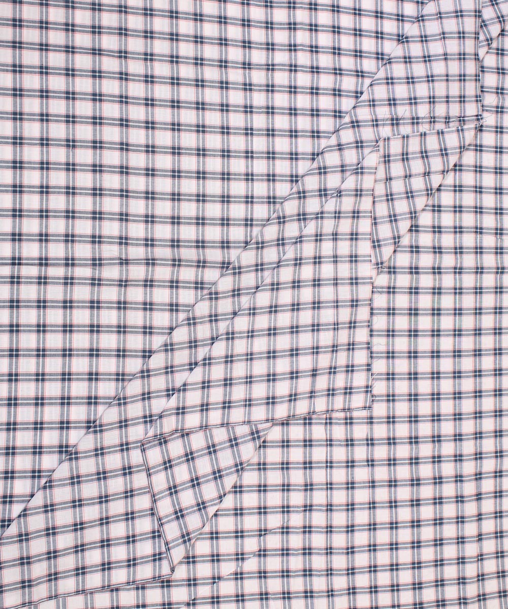 White blue red checked handwoven cotton fabric