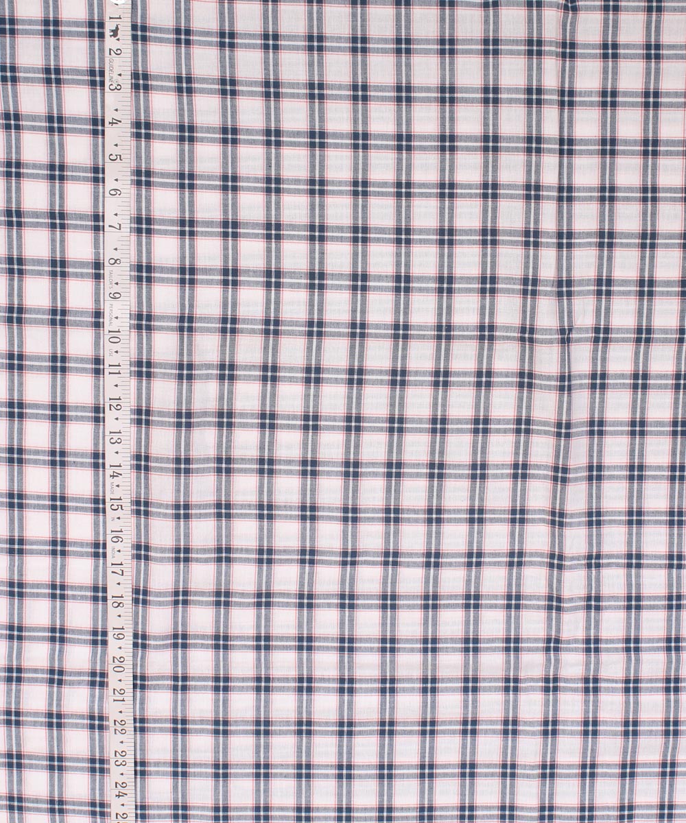 White blue red checked handwoven cotton fabric