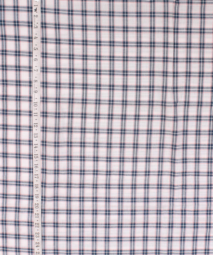 White blue red checked handwoven cotton fabric