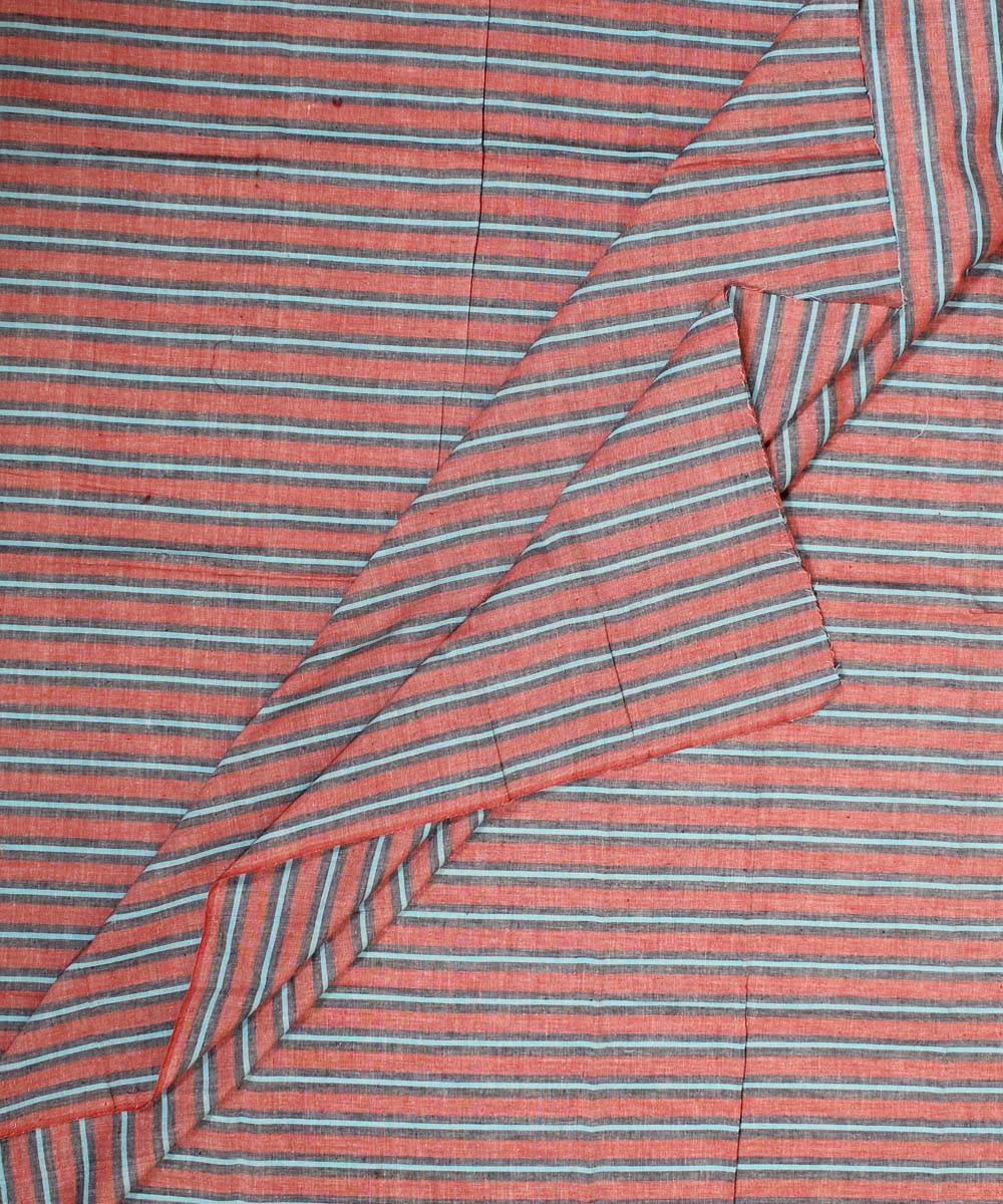 Cyan blue red striped handwoven cotton fabric