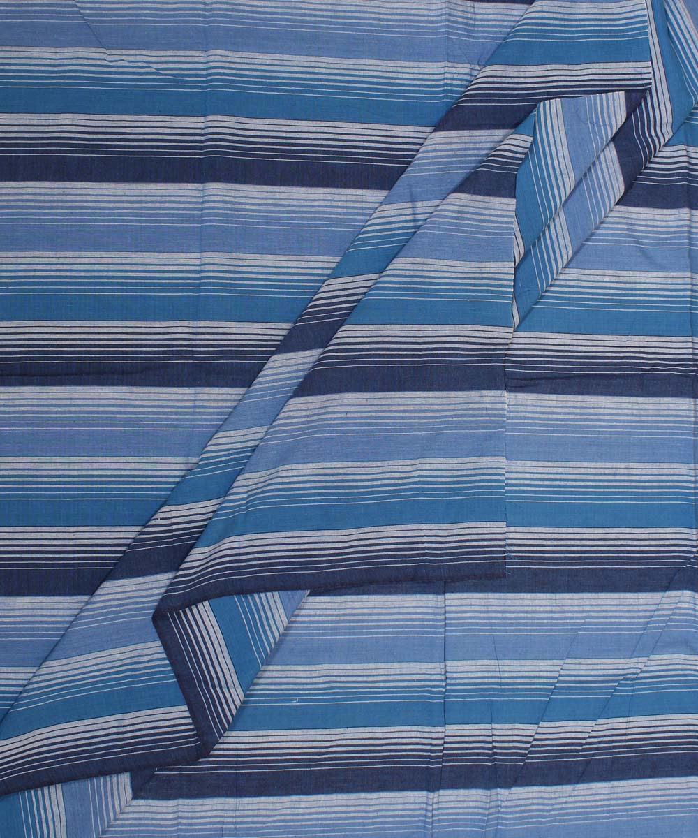 Navy blue cyan blue white striped handwoven cotton fabric