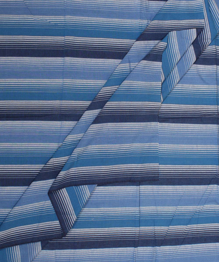 Navy blue cyan blue white striped handwoven cotton fabric