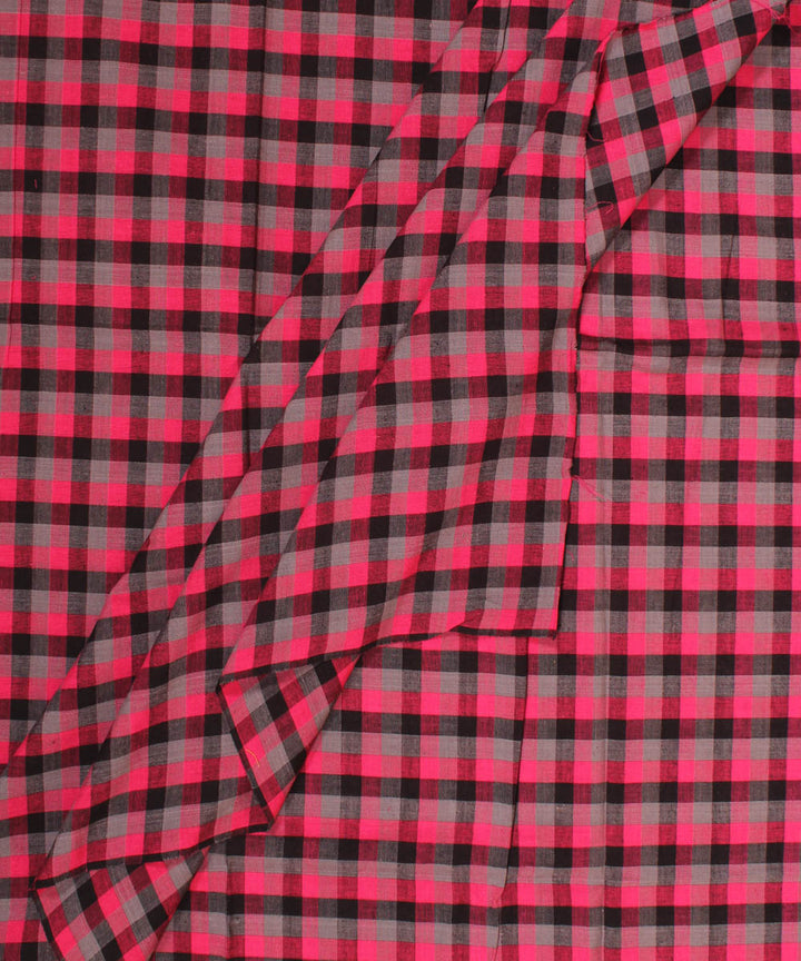 Black grey pink checked handwoven cotton fabric